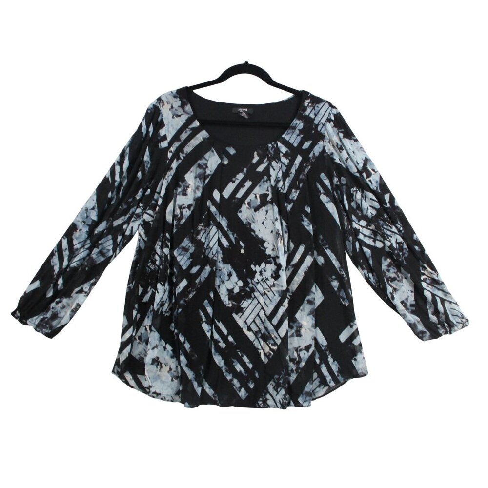 Alfani Womens Plus Size 2X Abstract Print Long-Sleeve‎ Blouse Black & Blue Nylon